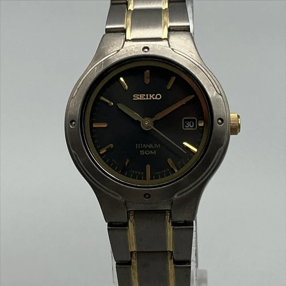Seiko Womens Watch 26mm Black Dial Titanium Silver Tone Date New Battery 7.25